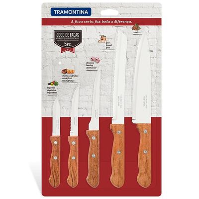 Conjunto de Facas Tramontina Dynamic em Aço Inox e Madeira 5 Peças Marrom com inox