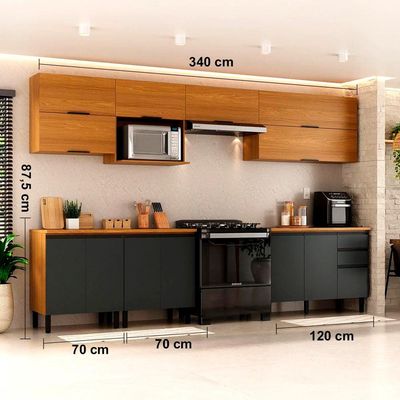 Cozinha Completa Itatiaia Ideale 7 Peças com 11 Portas 2 Gavetas 340cm Cinamomo/Grafite