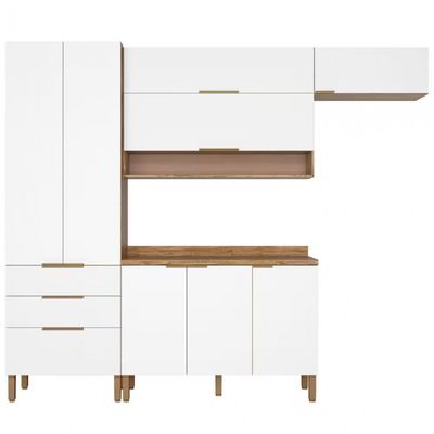 Cozinha Compacta Bartira Topázio UP com 8 Portas 3 Gavetas e 5 Prateleiras Damasco/Branco Fosco