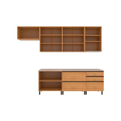 Cozinha Completa Bartira Cristal com 10 Portas, 5 Gavetas, 9 Prateleiras e Bancada Gourmet - 300cm de Largura Lâmina Mel/Nude