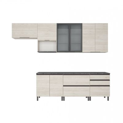 Cozinha Bartira Cristal com 10 Portas, 3 Gavetas, 5 Prateleiras e Nicho para Micro-ondas 240cm de largura Freixo