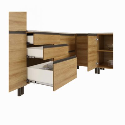 Cozinha Bartira Cristal com 14 Portas, 3 Gavetas, 13 Prateleiras e Nicho para Micro-ondas - 301,8cm de largura Lâmina Mel