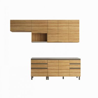 Cozinha Bartira Cristal com 7 Portas, 6 Gavetas, 4 Prateleiras e Nicho para Micro-ondas - 260cm de largura Lâmina Mel