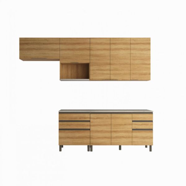 Cozinha Bartira Cristal com 7 Portas, 6 Gavetas, 4 Prateleiras e Nicho para Micro-ondas - 260cm de largura Lâmina Mel