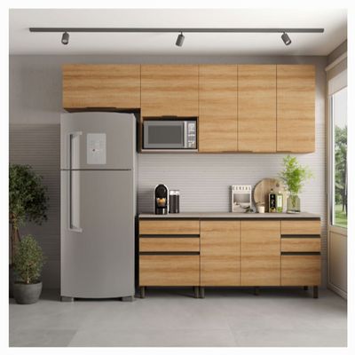Cozinha Bartira Cristal com 7 Portas, 6 Gavetas, 4 Prateleiras e Nicho para Micro-ondas - 260cm de largura Lâmina Mel