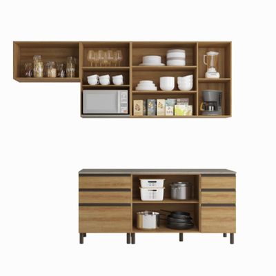 Cozinha Bartira Cristal com 7 Portas, 6 Gavetas, 4 Prateleiras e Nicho para Micro-ondas - 260cm de largura Lâmina Mel
