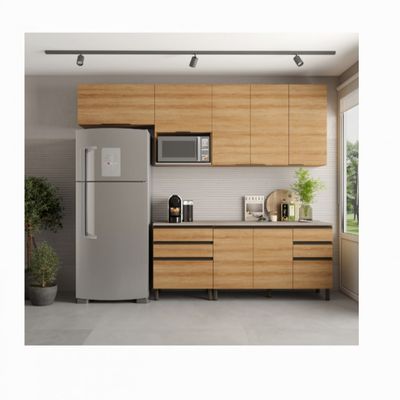 Cozinha Bartira Cristal com 7 Portas, 6 Gavetas, 4 Prateleiras e Nicho para Micro-ondas - 260cm de largura Lâmina Mel