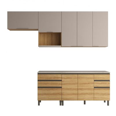 Cozinha Bartira Cristal com 7 Portas, 6 Gavetas, 4 Prateleiras e Nicho para Micro-ondas - 260cm de largura Lâmina Mel/Nude