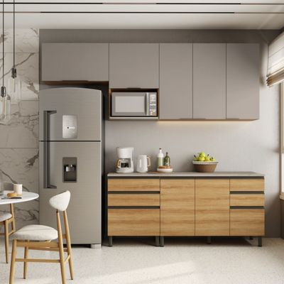 Cozinha Bartira Cristal com 7 Portas, 6 Gavetas, 4 Prateleiras e Nicho para Micro-ondas - 260cm de largura Lâmina Mel/Nude