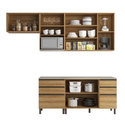 Cozinha Bartira Cristal com 7 Portas, 6 Gavetas, 4 Prateleiras e Nicho para Micro-ondas - 260cm de largura Lâmina Mel/Nude