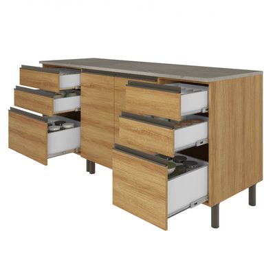 Cozinha Bartira Cristal com 7 Portas, 6 Gavetas, 4 Prateleiras e Nicho para Micro-ondas - 260cm de largura Lâmina Mel/Nude