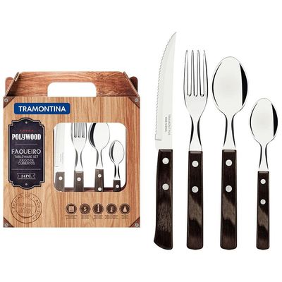 Faqueiro 24 Peças Tramontina Polywood em Aço Inox Marrom
