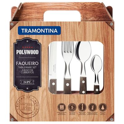 Faqueiro 24 Peças Tramontina Polywood em Aço Inox Marrom