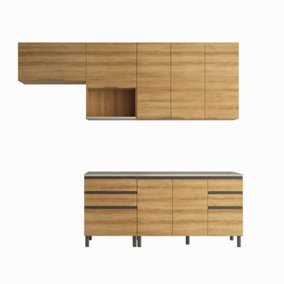 Cozinha Bartira Cristal com 7 Portas, 6 Gavetas, 4 Prateleiras e Nicho para Micro-ondas - 260cm de largura Lâmina Mel