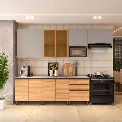 Cozinha Completa Bartira Cristal com 10 Portas, 3 Gavetas e 6 Prateleiras - 300cm de largura Lâmina Mel/Nude