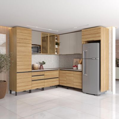 Cozinha Bartira Cristal com 14 Portas, 3 Gavetas, 13 Prateleiras e Nicho para Micro-ondas 301,8cm Lâmina Mel/Nude