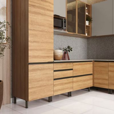 Cozinha Bartira Cristal com 14 Portas, 3 Gavetas, 13 Prateleiras e Nicho para Micro-ondas 301,8cm Lâmina Mel/Nude