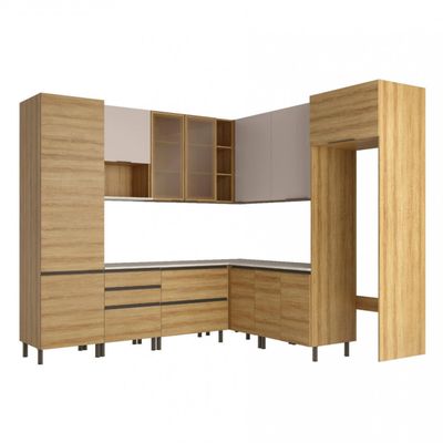 Cozinha Bartira Cristal com 14 Portas, 3 Gavetas, 13 Prateleiras e Nicho para Micro-ondas 301,8cm Lâmina Mel/Nude