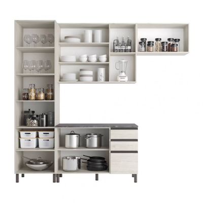 Cozinha Compacta Cristal 8 Portas 3 Gavetas 9 Prateleiras Bartira Lâmina Mel/Nude