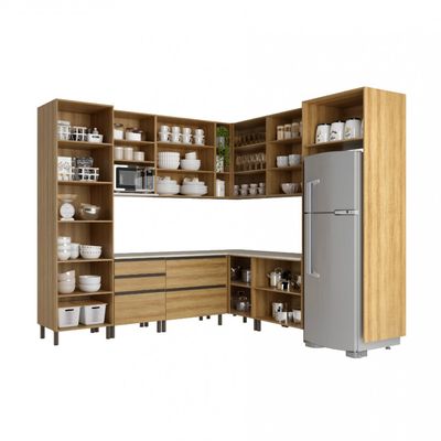 Cozinha Bartira Cristal com 14 Portas, 3 Gavetas, 13 Prateleiras e Nicho para Micro-ondas 301,8cm Lâmina Mel/Nude