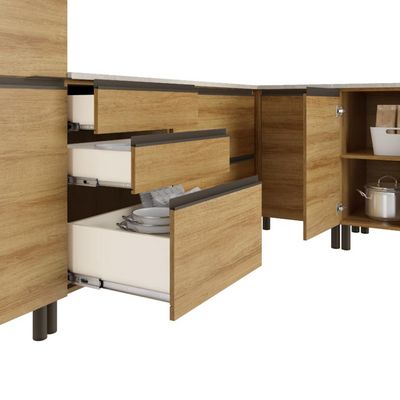 Cozinha Bartira Cristal com 14 Portas, 3 Gavetas, 13 Prateleiras e Nicho para Micro-ondas 301,8cm Lâmina Mel/Nude