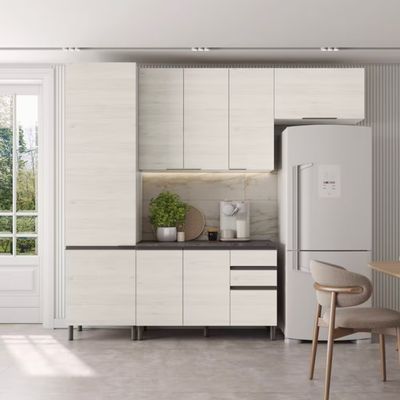 Cozinha Compacta Cristal 8 Portas 3 Gavetas 9 Prateleiras Bartira Lâmina Mel/Nude