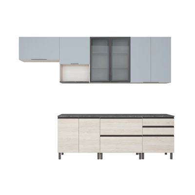 Cozinha Bartira Cristal com 10 Portas, 3 Gavetas, 5 Prateleiras e Nicho para Micro-ondas Freixo/Azul