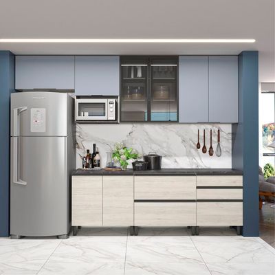 Cozinha Bartira Cristal com 10 Portas, 3 Gavetas, 5 Prateleiras e Nicho para Micro-ondas Freixo/Azul
