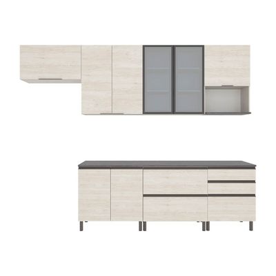 Cozinha Completa Bartira Cristal com 10 Portas, 5 Gavetas, 9 Prateleiras e Bancada Gourmet - 300cm de Largura Freixo