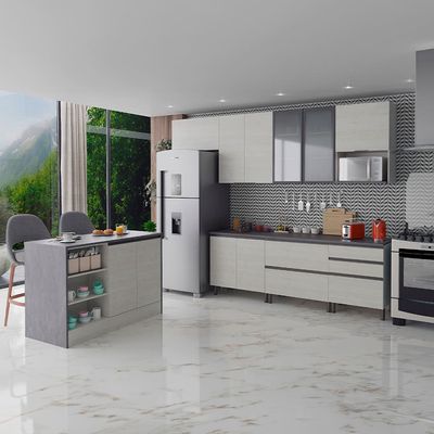 Cozinha Completa Bartira Cristal com 10 Portas, 5 Gavetas, 9 Prateleiras e Bancada Gourmet - 300cm de Largura Freixo