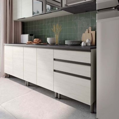 Cozinha Completa Bartira Cristal com 10 Portas, 3 Gavetas e 6 Prateleiras - 300cm de largura Freixo