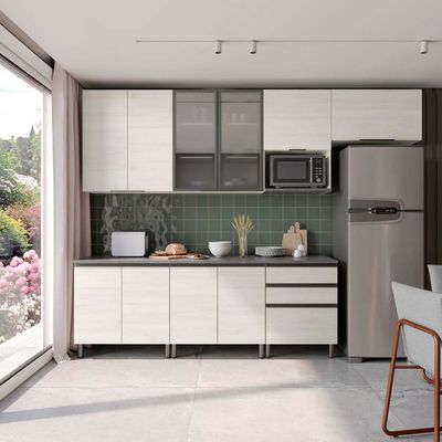 Cozinha Completa Bartira Cristal com 10 Portas, 3 Gavetas e 6 Prateleiras - 300cm de largura Freixo