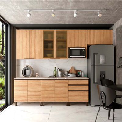 Cozinha Completa Bartira Cristal com 10 Portas, 3 Gavetas e 6 Prateleiras - 300cm de largura Lâmina Mel