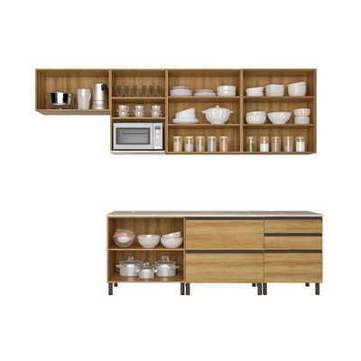 Cozinha Bartira Cristal com 10 Portas, 3 Gavetas, 5 Prateleiras e Nicho para Micro-ondas - 240cm de largura Lâmina Mel