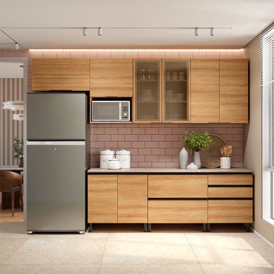 Cozinha Bartira Cristal com 10 Portas, 3 Gavetas, 5 Prateleiras e Nicho para Micro-ondas - 240cm de largura Lâmina Mel