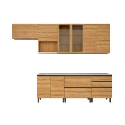 Cozinha Bartira Cristal com 10 Portas, 3 Gavetas, 5 Prateleiras e Nicho para Micro-ondas - 240cm de largura Lâmina Mel