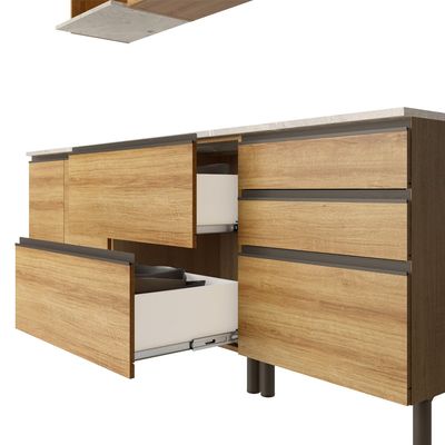 Cozinha Bartira Cristal com 10 Portas, 3 Gavetas, 5 Prateleiras e Nicho para Micro-ondas - 240cm de largura Lâmina Mel