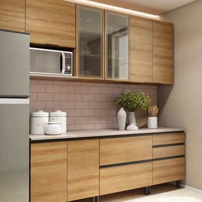 Cozinha Bartira Cristal com 10 Portas, 3 Gavetas, 5 Prateleiras e Nicho para Micro-ondas - 240cm de largura Lâmina Mel