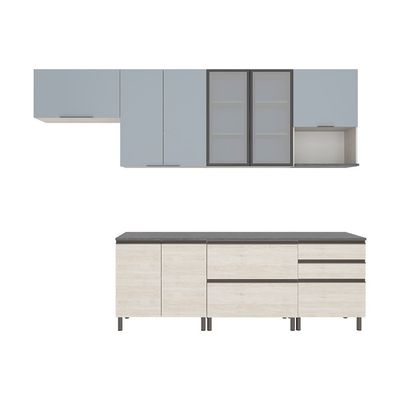 Cozinha Completa Bartira Cristal com 10 Portas, 5 Gavetas, 9 Prateleiras e Bancada Gourmet - 300cm de Largura Freixo/Azul