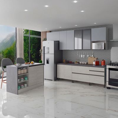 Cozinha Completa Bartira Cristal com 10 Portas, 5 Gavetas, 9 Prateleiras e Bancada Gourmet - 300cm de Largura Freixo/Azul