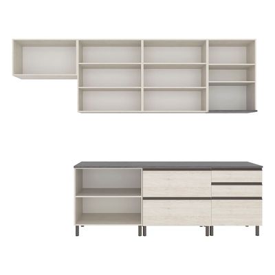 Cozinha Completa Bartira Cristal com 10 Portas, 5 Gavetas, 9 Prateleiras e Bancada Gourmet - 300cm de Largura Freixo/Azul
