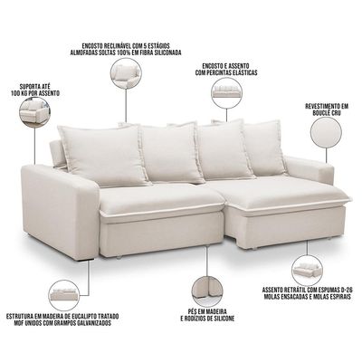 Sofá Retrátil Reclinável Para Sala de Estar Living 195cm Vêneto F04 Bouclê Cru - Lyam Decor