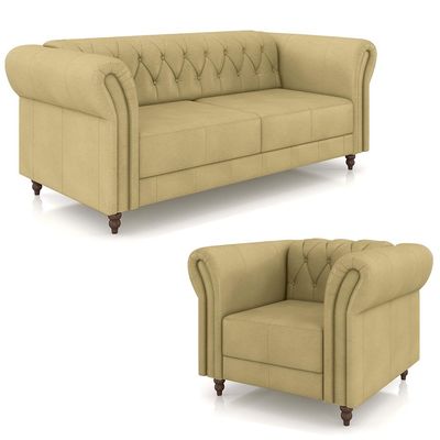 Conjunto Sala de Estar 1 Sofá Living 180cm e 1 Poltrona Stanford Chesterfield Pés Madeira Couro Bege G58 - Gran Belo