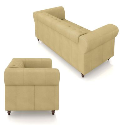 Conjunto Sala de Estar 1 Sofá Living 180cm e 1 Poltrona Stanford Chesterfield Pés Madeira Couro Bege G58 - Gran Belo