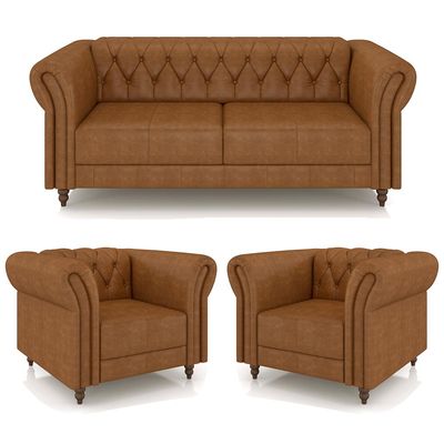 Conjunto Sala de Estar 1 Sofá Living 180cm e 2 Poltronas Stanford Chesterfield Pés Madeira Couro Mel Manchado G58 - Gran Belo