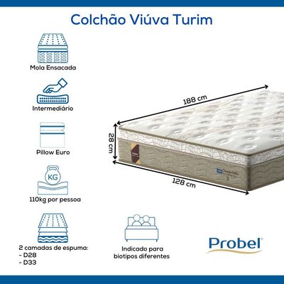 Colchão Viúva Mola Ensacada Probel Turim  (128x188x28cm)