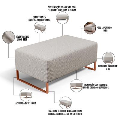 Puff Decorativo Sala De Estar Cléo 90cm Base De Ferro Cobre W01 Linho Bege - Lyam Decor