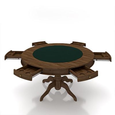 Conjunto Mesa de Jogos Carteado Bellagio Tampo Reversível e 6 Cadeiras Madeira Poker Base Estrela Veludo Verde/Nogueira G42 - Gran Belo