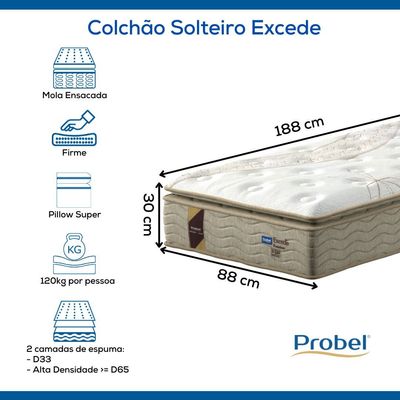 Colchão Solteiro Mola Ensacada Probel Excede Premium (88x188x30cm)