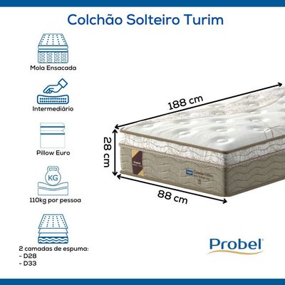 Colchão Solteiro Mola Ensacada Probel Turim  (88x188x28cm)